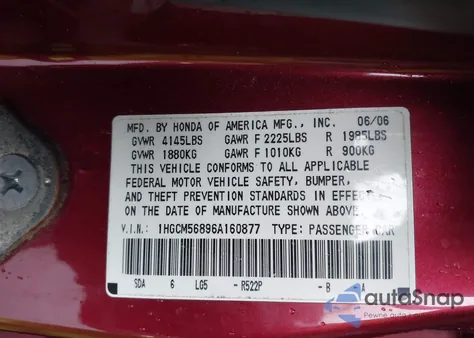 2006 Honda Accord 2.4 Ex from USA, damaged, VIN 1HGCM56896A160877